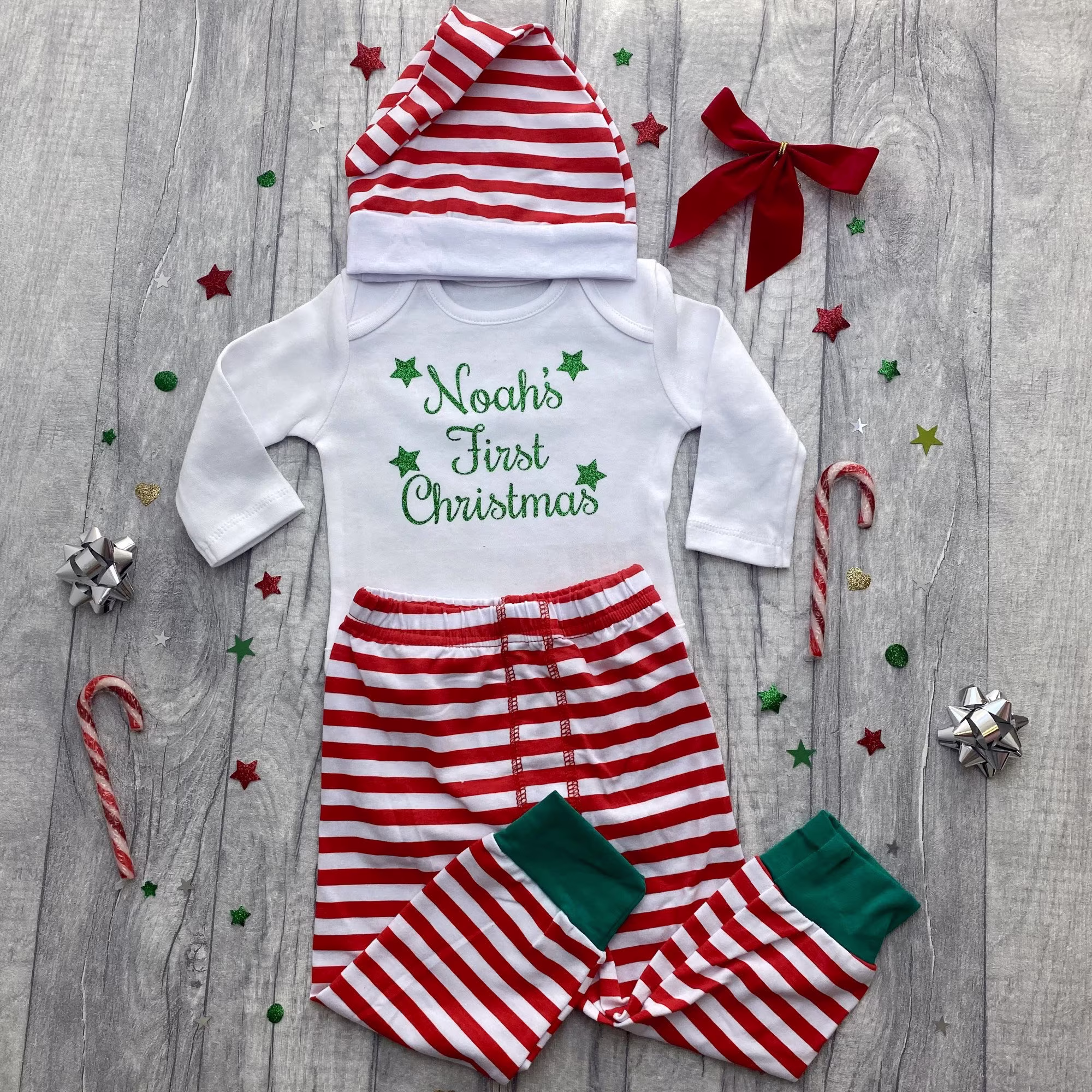 Babies First Christmas Personalised Outfit Set, Newborn Baby Long Sleeve Romper, Pants & Hat Festive Season, Green Design