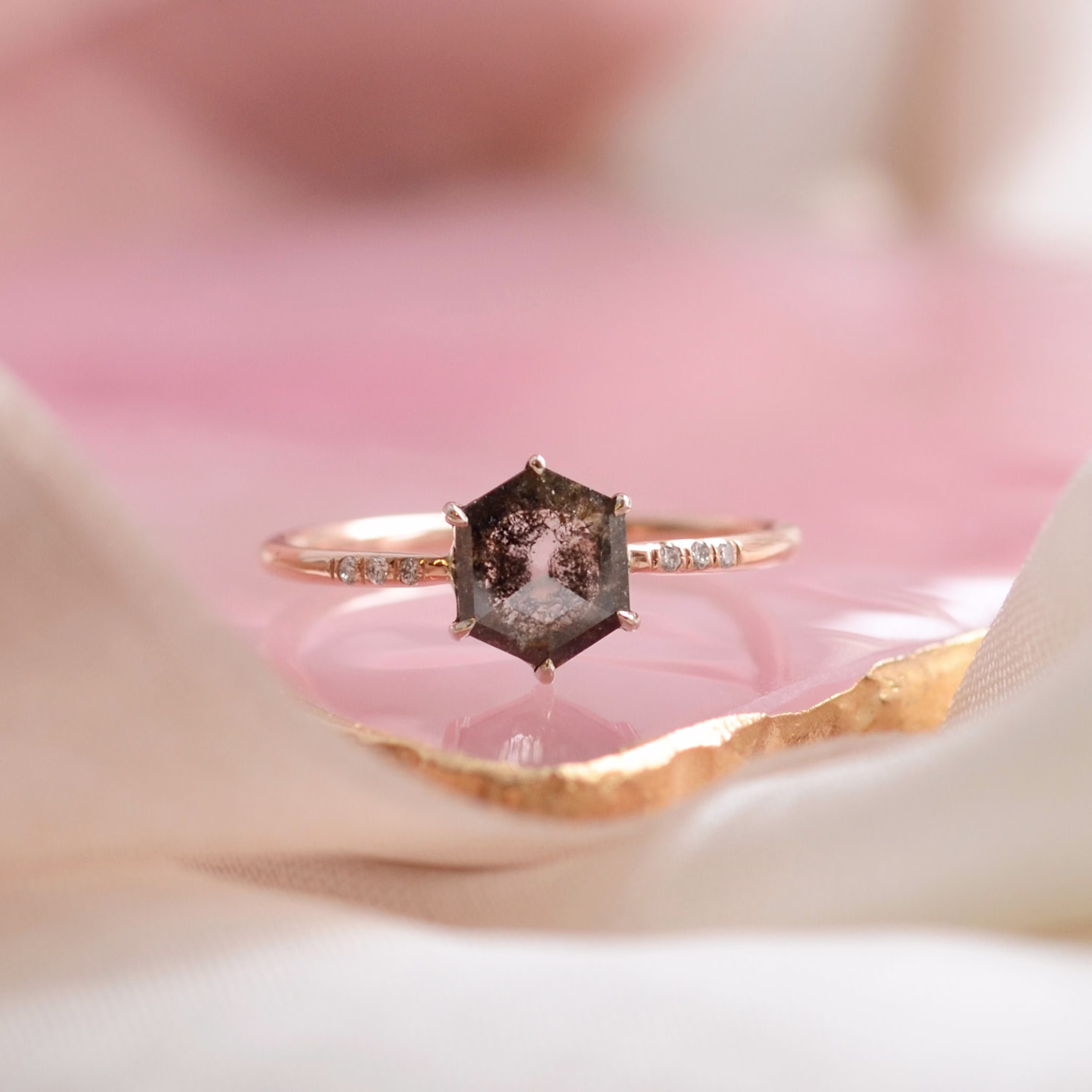Hexagon Salt & Pepper Diamond Engagement Ring Unique Geometric By Mialis Jewelry