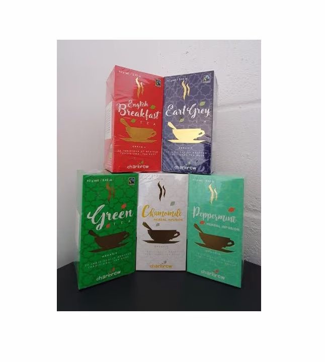 5 X 20 Organic Tea Collection By Charbrew, English Breakfst, Earl Grey, Green Tea, Chamomile & Peppermint