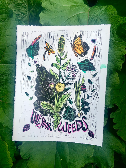 Use Your Weeds, Herbalist Print, Lino Cut