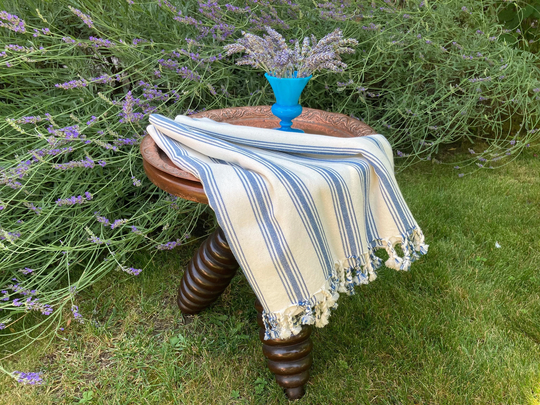 Organic Linen Cotton Blue Striped Towel, Turkish Peshtemal, Bath 40"x75
