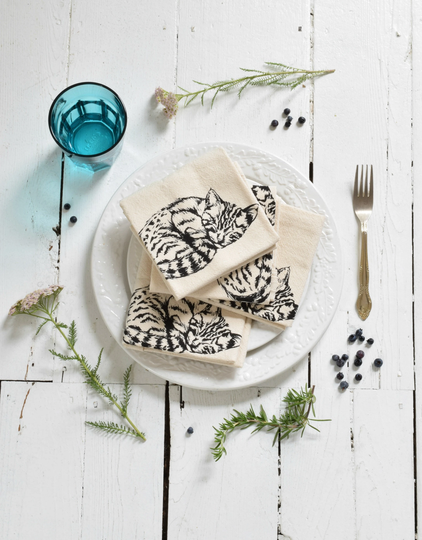 Cat Napkins - Organic Cotton Set Of 4 Sleeping Kitten Tablescape Table Setting Unpaper Towels Dining Room Decor Farmhouse