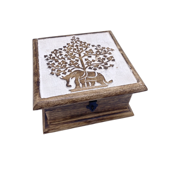 Handcarved Elephant Wooden Box, Storage Gift Tree Of Life Altar Jewelry Good Luck Gifts, Crystal Box