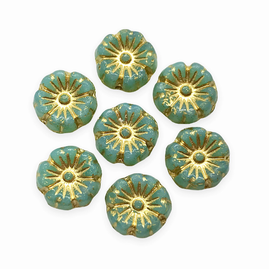 16Pc Blue Green Opaline Tiny Hibiscus Flower Beads Gold Decor 8mm Czech Vaseline Glass [|#1|]