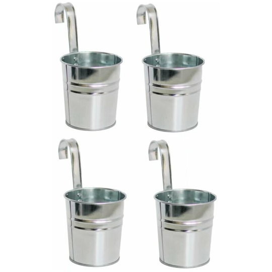 Betterlife 4Pcs Metal Hanging Flower Pots, 10cm Hanging Flower Bucket Flower Pots with Detachable Hook for Balcony Fence Garden Home Decor (Silver)