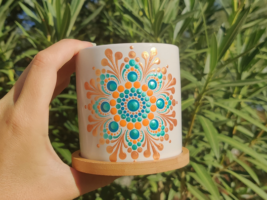 Mandala Dot Art Gold Teal Orange Hand Painted White Ceramic Boho Succulent Flower Pot