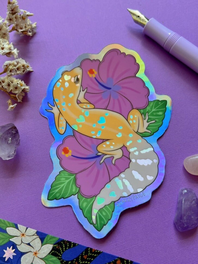 Holographic Leopard Gecko & Hibiscus Rainbow Tropical Sticker Reptile Art