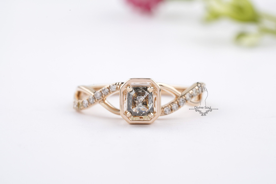 Vintage Promise Ring | Salt & Pepper Emerald Diamond 14Kt Rose Gold Engagement Unique Wedding