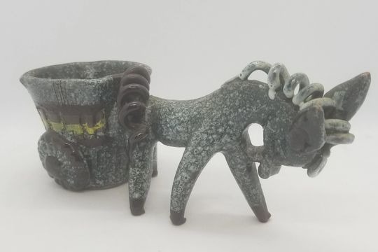Italian Redware Clay Donkey Pulling Cart Cactus Planter Coiled Mane & Tail