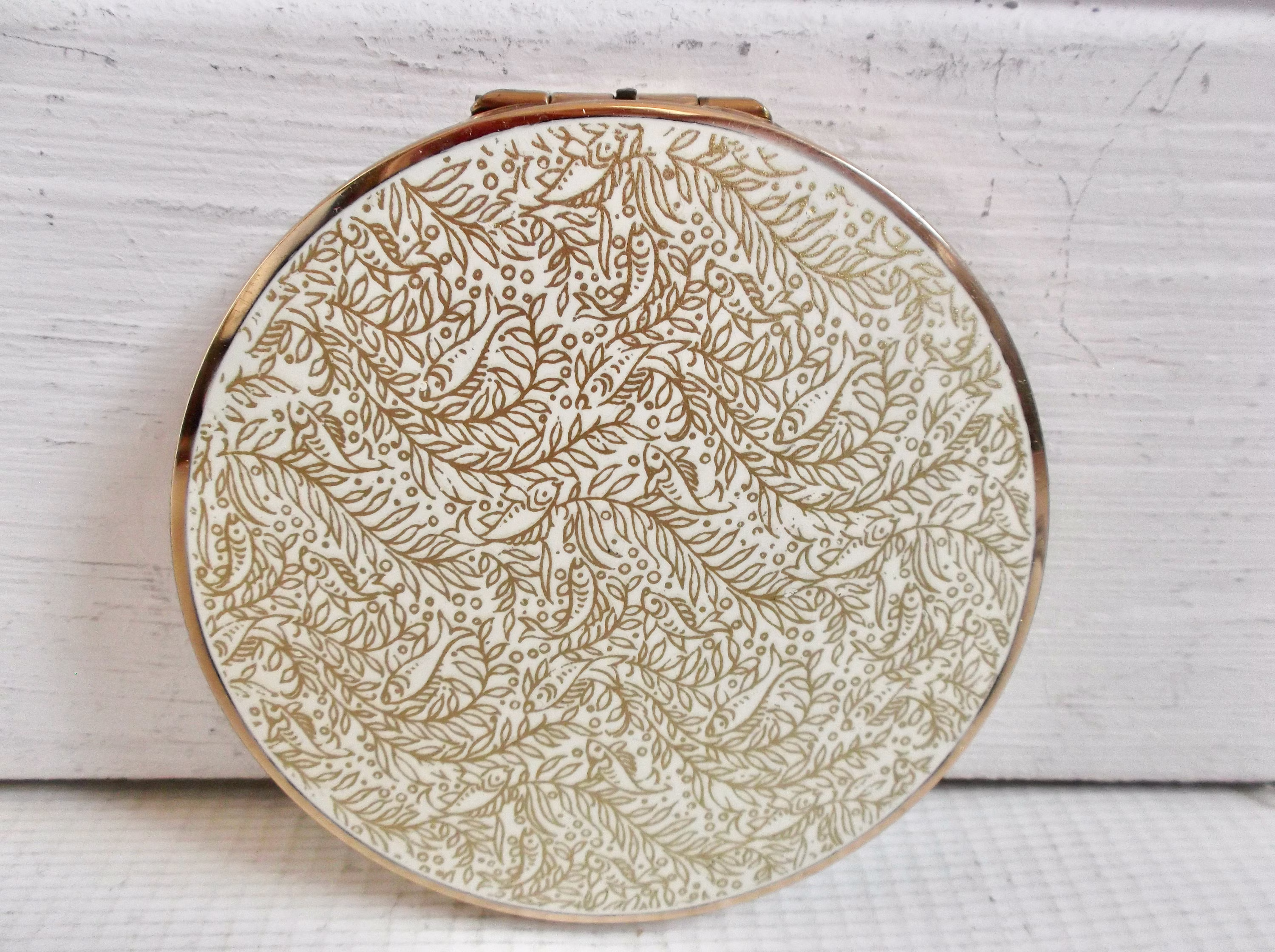 Vintage Stratton Gold Powder Compact With Mirror, Fish & Seaweed Enamel