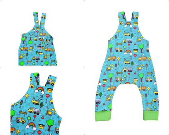 Organic Baby Romper, Construction Site Trucks Print Overalls, Toddler Jumpsuit, Baby Harems, Drop Crotch Cloth Nappy
