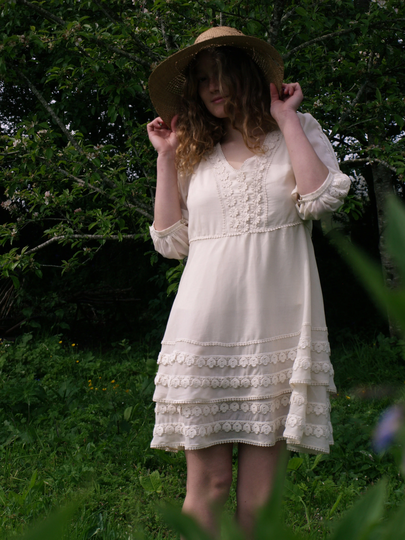 Organic Cotton Dress, Unbleached With Lace Detail, 3/4 Sleeves Short Wedding Casual Civil Dress