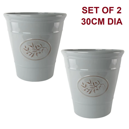 Set Of 2 Olive Grey Plastic Plant Pot 30cm Gloss Tall 14L Round Garden Planter