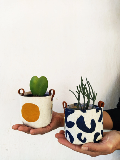 Set Of 2 Mini Fabric Planters , Baskets, Handprinted Cactus Planters, Small Washable Plant Covers, Pots, Indoor Pots