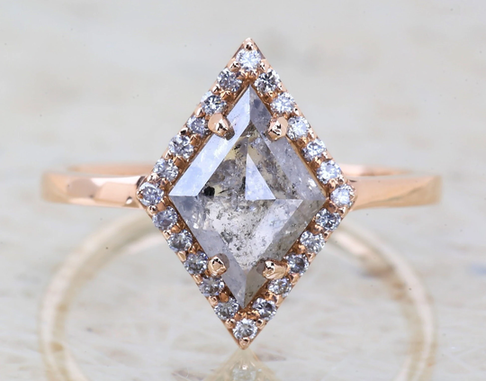 Salt & Pepper Diamond Ring, Engagement 14K Shield Gold Kite Art Deco Anniversary Gift For Her