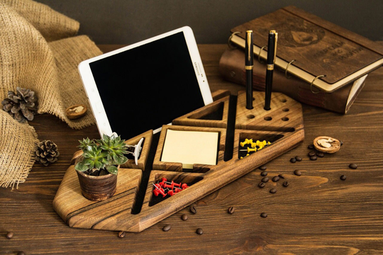 Wooden Desk Organizer For Phone Tablet & Office Accessories Stationery Walnut With Personalization Birthday Present Anniversary Handmade