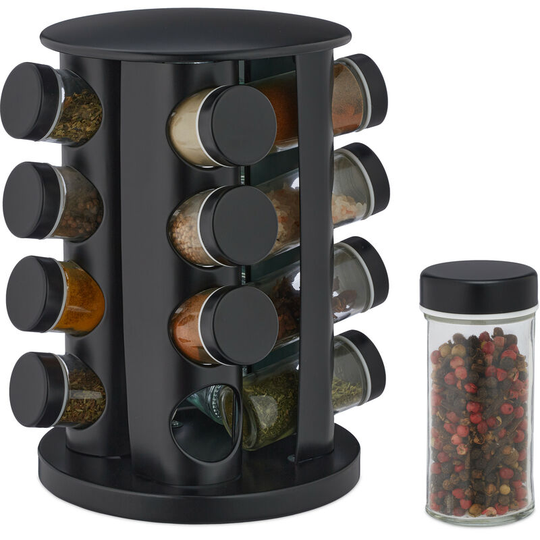 Spice Rack, 16 Glass Jars, Rotatable, Stainless Steel, h x d: approx. 27.5 x 19 cm, Black - Relaxdays