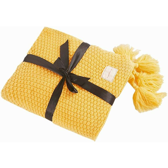 Bearsu - Knit Blanket Throws Sofa Bedspread Table Mat Soft Warm Nordic Bed Throws with Fringe Handmade for Beach Picnic All Seasons (Yellow, 70 x 100