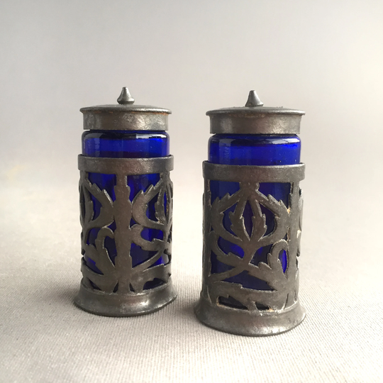 Pewter & Cobalt Blue Glass Salt Pepper Cellars