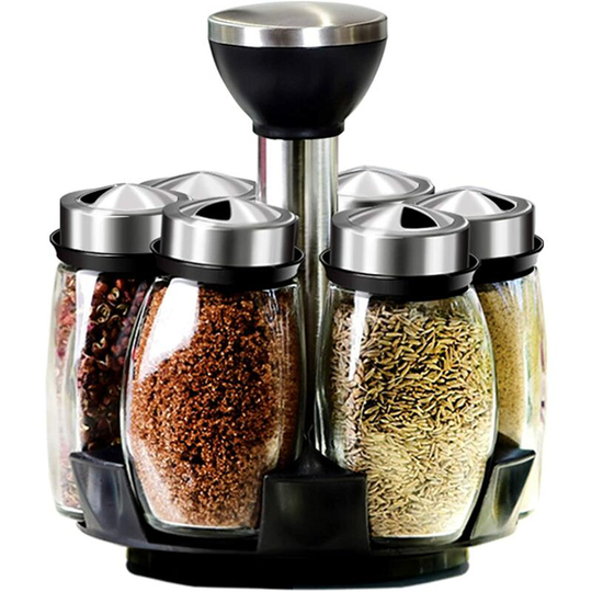 Readcly - Spice Rack, Spice Jars, Rotating Seasoning Bottle, Spice Rack With 6 Glass Jar Bottles, Rotating Carousel For Kitchen Restaurant Counter