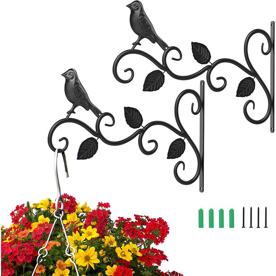 Perle Rare - 2 Pack Hanging Basket Stands, 12' Heavy Duty Iron Wall Mount Plant Hooks, Rust Resistant Indoor Outdoor Plant Hangers with Screws for