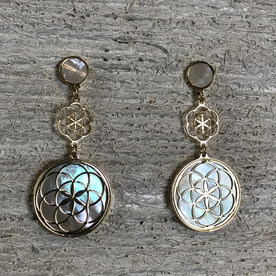 Seed Of Life Errings in 24 Carat Gold On 925 Silver & White Mother Pearl Background, Sacred Geometry Spiritual, Yoga Gift
