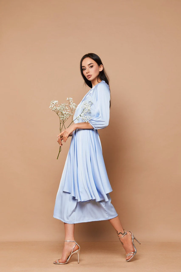 Powder Blue Silk Satin Ruffle Midi Dress/ Wedding Guest Mother Of The Bride Formal Cocktail Dress
