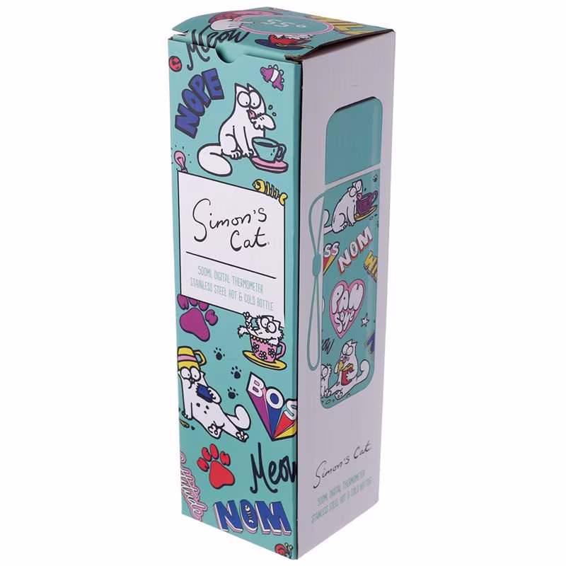 Simon's Cat Reusable Stainless Steel Hot & Cold Thermal Insulated Drinks Bottle Digital Thermometer 450Ml - Official Merchandise New UK