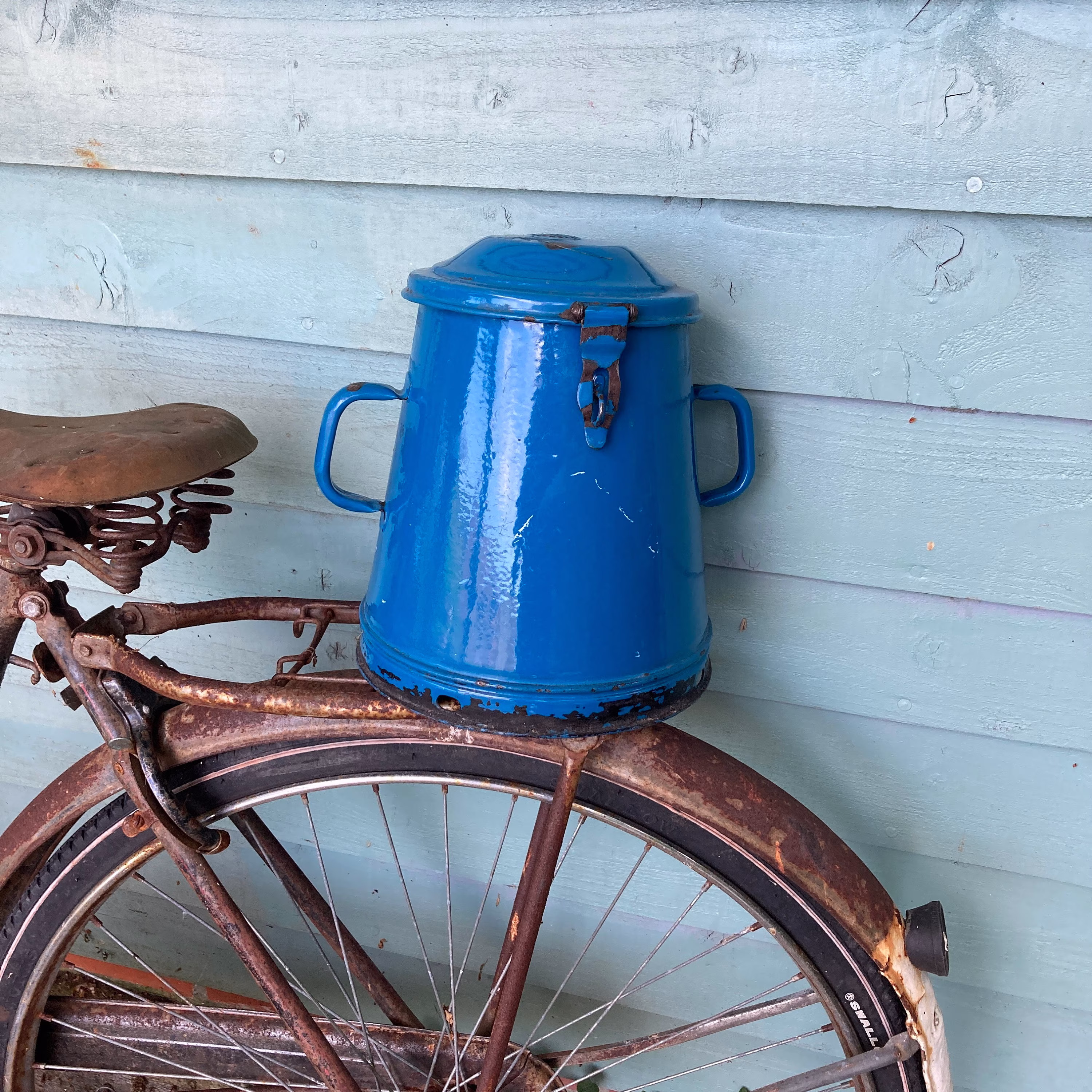 Enamel Blue Pot, Vintage Item From Central Europe, Popular As Planters, Display Items, Or Kitchenalia