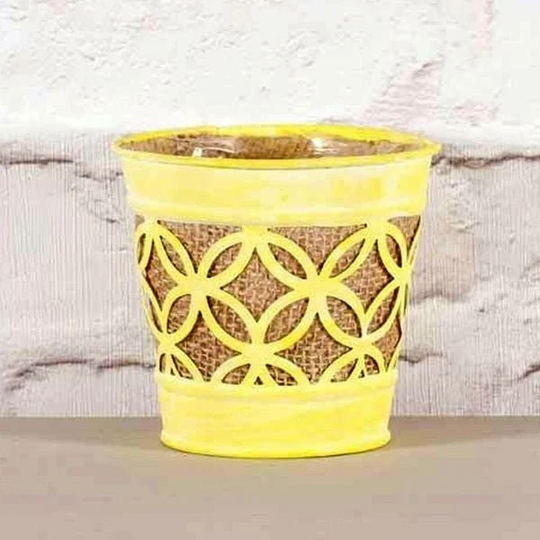 Yellow Metal Pot With Hessian 11.5cm Indoor Planter - Fast & Free UK Delivery