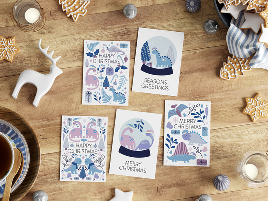 Dinosaur Christmas Card Pack, Pack Of 5 Cute Seasonal Greetings Cards, A6 Dino Holiday Card Mulit