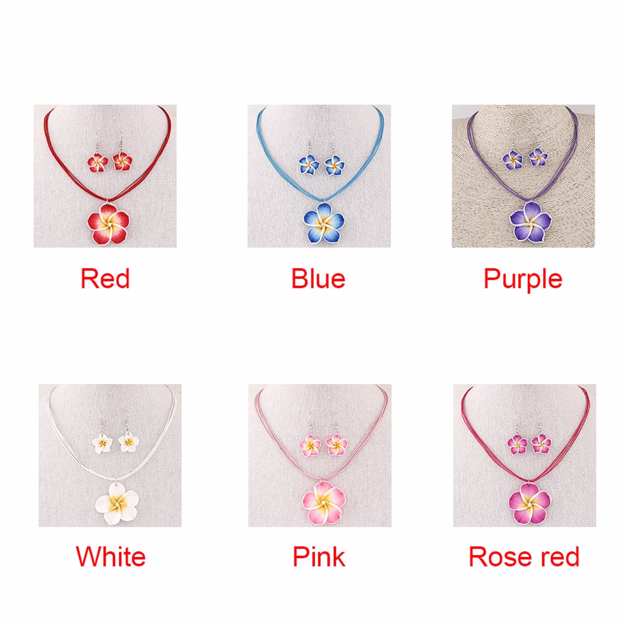 Plumeria Flower Necklace & Earring Set Frangipani Tropical Island Hawaiian Luau Party Beach Jewelry Summer Wedding Ocean Sea Hibiscus Gift