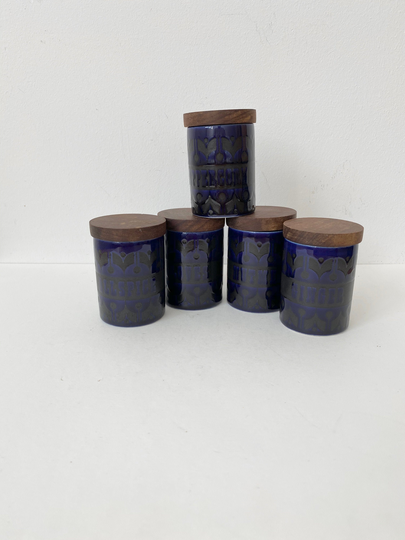 Rare Hornsea Hairloom Blue Kitchen Pots, Set Of 5 Herb Pots