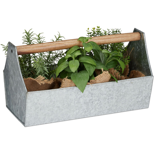 Relaxdays - Zinc Box With Wooden Handle, Decor - Tool Box, Flowers & Herbs, Balcony, Planter, Galvanized Iron, Silver