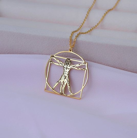 Gold Vitruvian Man Sacred Geometry Necklace, Fibonacci, The Golden Ratio Science Student Graduation Gift, Medical Symbol Gift