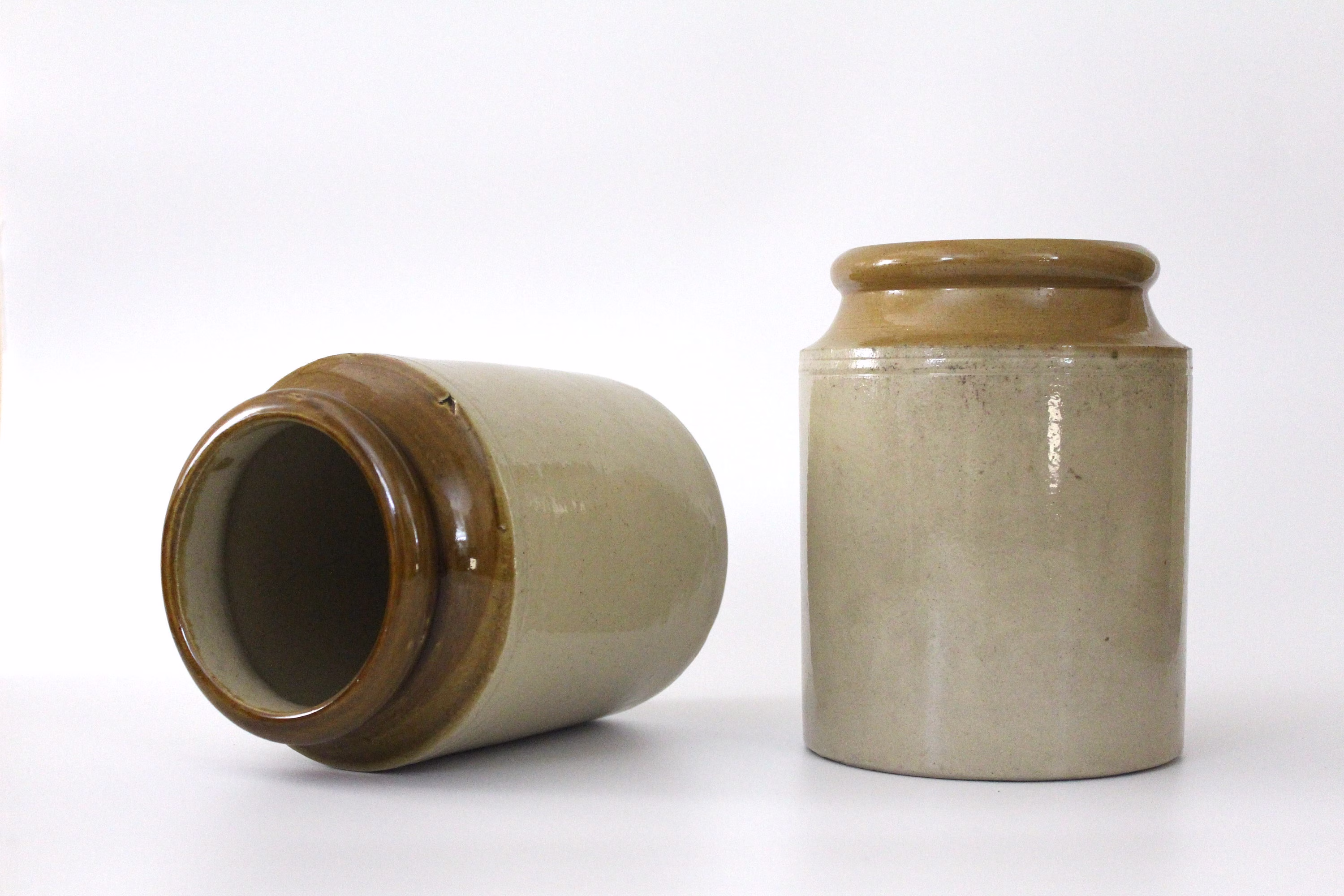 Pair Of Large Antique Two-Tone Salt Glazed Stoneware Ceramic Pots || Traditional British Victorian Earthenware Jars Vintage Home Decor