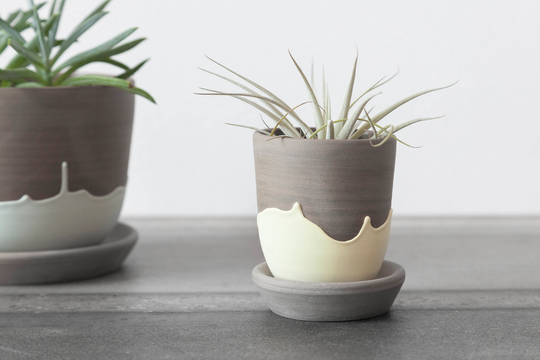 Cactus Planter With Yellow Drips , Stoneware Handmade Cactus Pot Small Plant Succulent