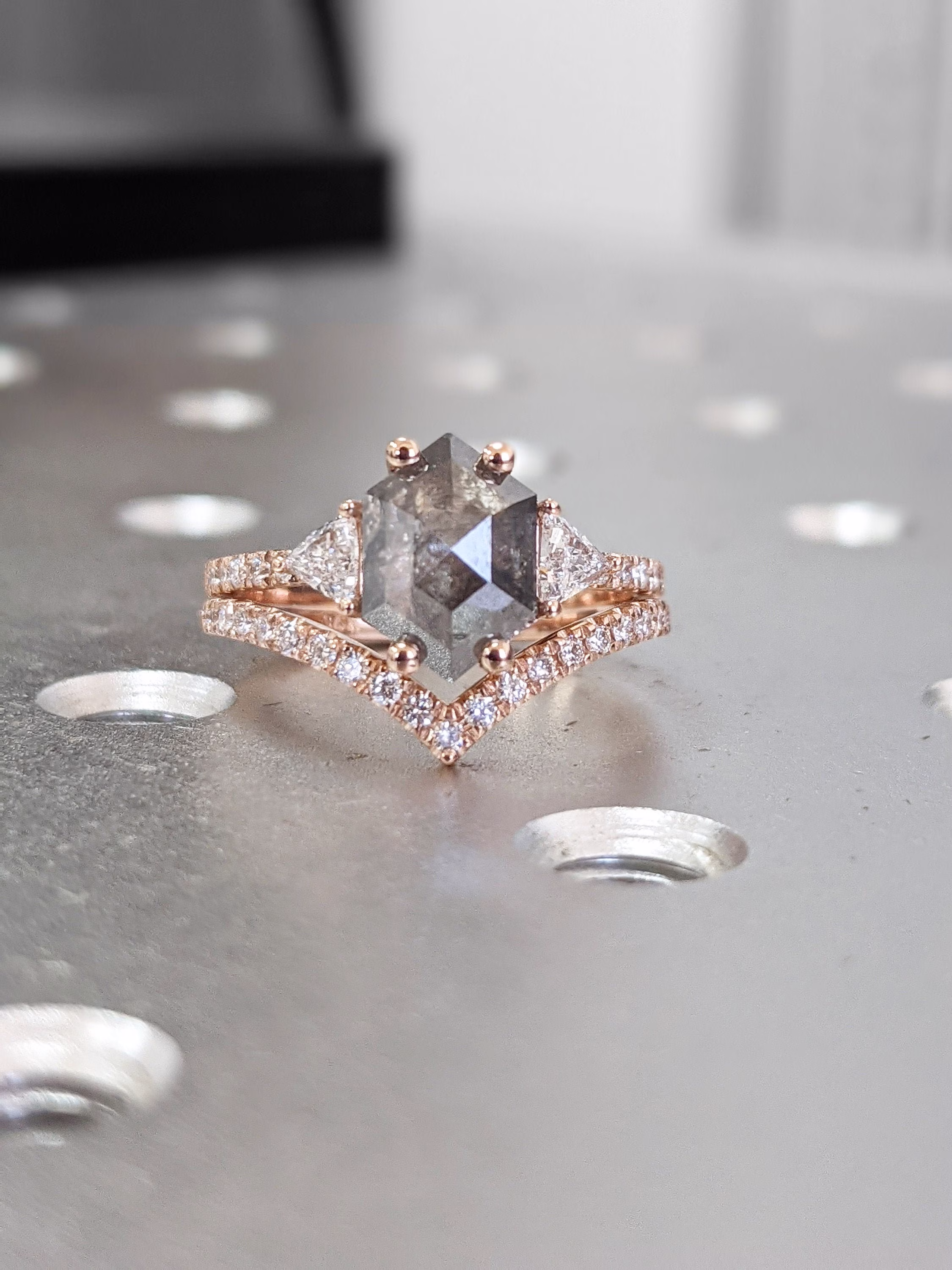 Raw Diamond Hexagon Triangle Diamond, Salt & Pepper, Unique Bridal Engagement Set, Rose Cut Geometric Ring, Custom Handmade