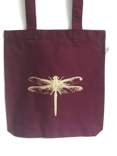 Gold Dragonfly Bag Organic Cotton Tote Bag Burgundy Red With Gold Print Hand Printed Insect Design