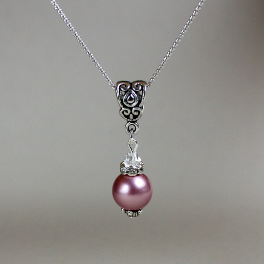Powder Rose Dark Pink Pearls Wedding Jewellery, Silver Pendant Necklace Bridesmaid Accessory, Vintage Style Bridal Chain