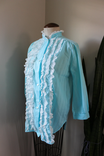 70S Ruffle Quarter Sleeve Blouse | Long Shirt Powder Light Blue Striped Lace 1970S Vintage