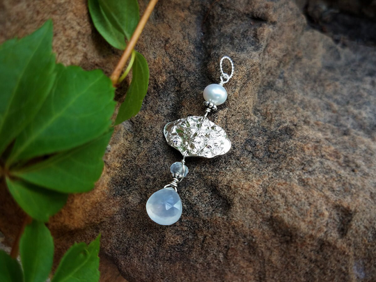 Achillea Millefolium - Yarrow Flowers Pure Silver Pendant With Moonstones & Pearl By Quintessential Arts