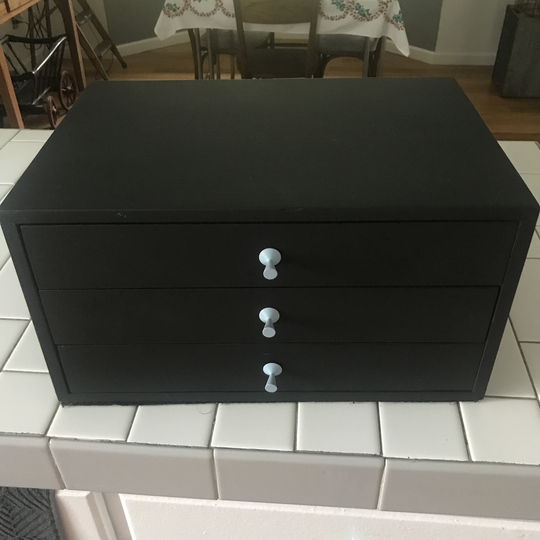 Vfintage Mid Century Wooden 3 Drawer Black Box With Powder Blue Handles, Metal, Storage Collectibles Display Farmhouse Decor Upcycled