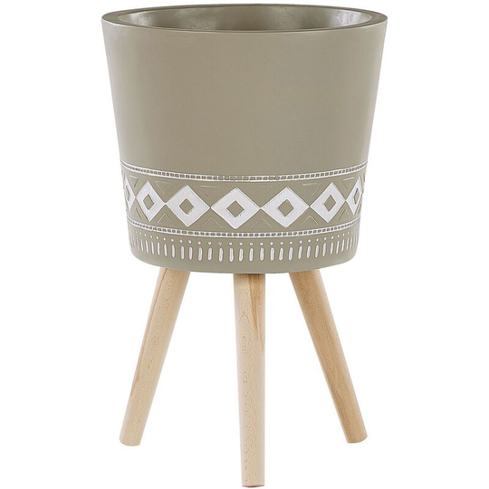 Scandinavian Tall Ceramic Planter Wooden Legs Taupe with White Pattern Arta - Beige
