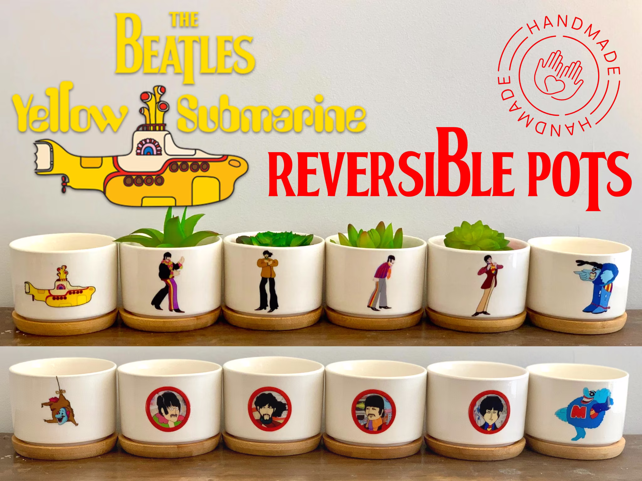 Yellow Submarine Reversible Ceramic Pots - The Beatles Inspired Handmade Mini Succulent Collection With Bamboo Dish | 3 Inch Indoor Planter