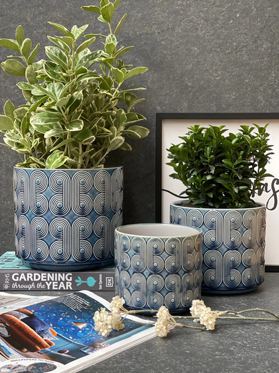 Navy Ceramic Plant Pots, Blue & White Indoor Retro Matching Patterned Planters, Decorative Pots