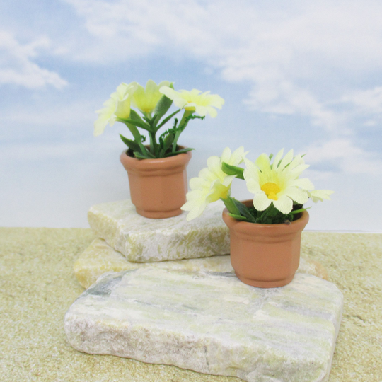 Miniature Planters With Yellow Daisies Set Of 2 Clay Pots, Miniature Fairy Garden Or Terrariums