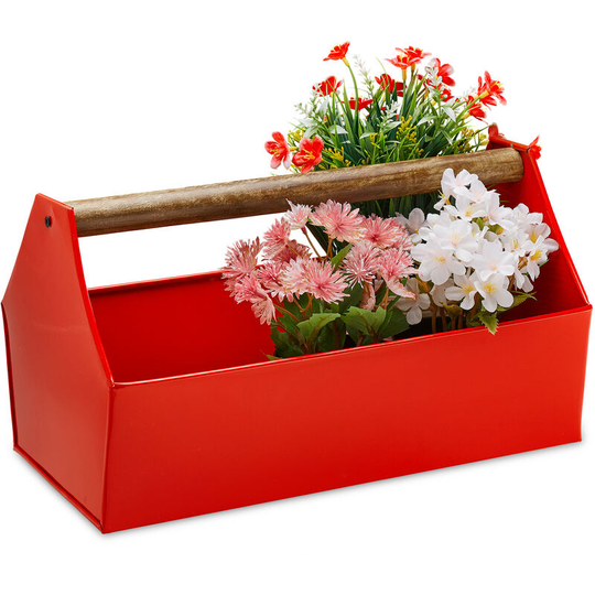 Relaxdays - Zinc Box With Wooden Handle, Decor - Tool Box, Flowers & Herbs, Balcony, Planter, Galvanized Iron, Red