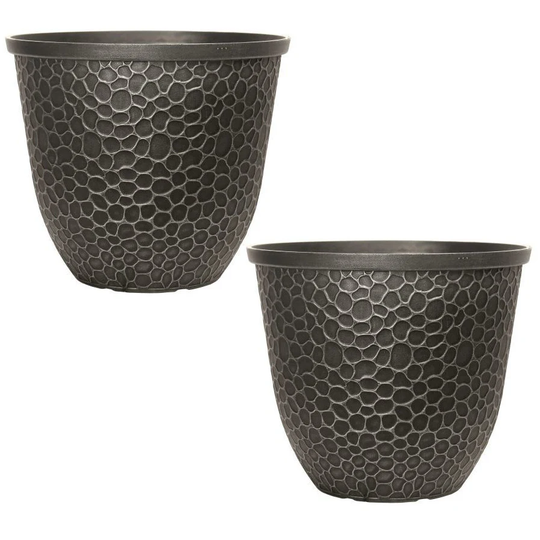 Set Of 2 11.5L Silver Grey Plastic Plant Pot 30cm Hammered Round Garden Planter