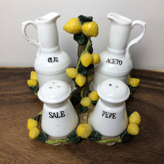 Vintage Italian Ceramic Cruet Set Oil Vinegar Salt Pepper, Sale Pepe Olio Aceto